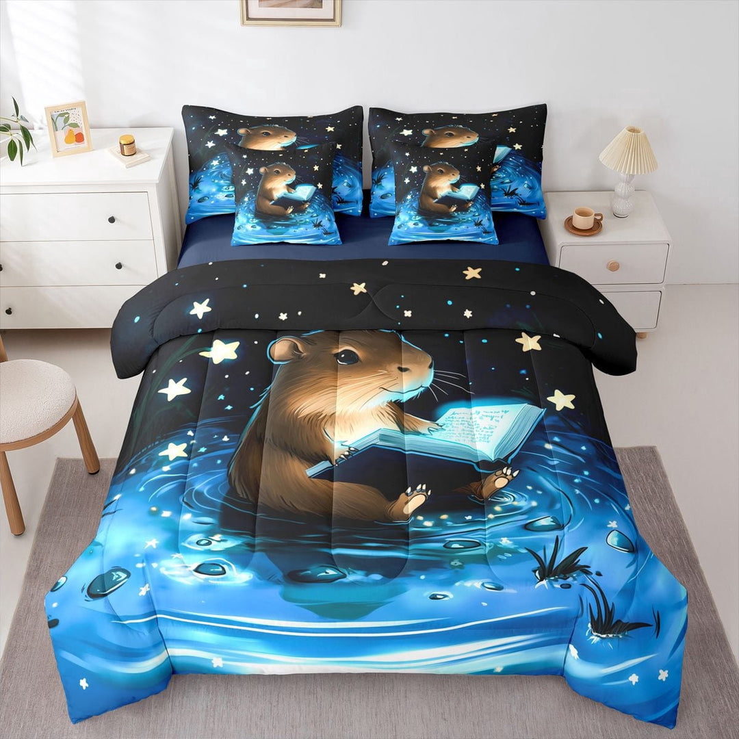 Erosebridal Boys Girls Cartoon Capybara With Magical Books Bedding Comforter Set 7 Pieces,Kids Cute Animal Full Bedding Set,Navy Blue Reversible