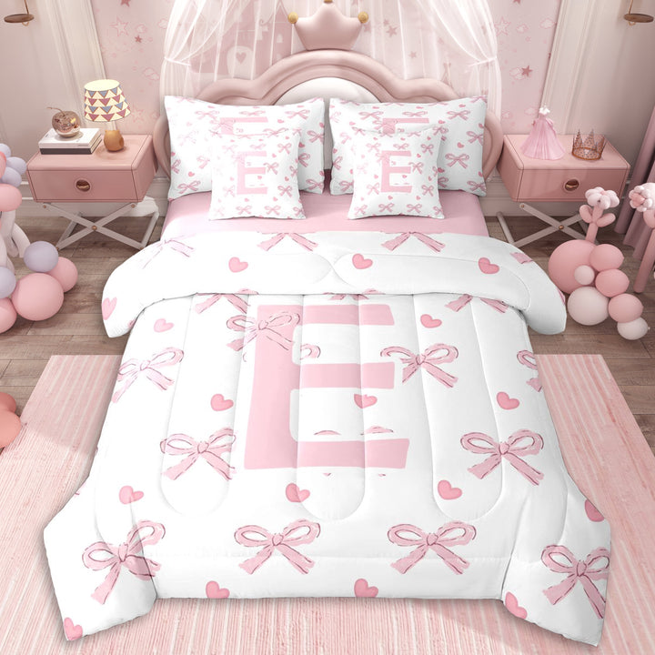 Erosebridal Personalized Initial E Twin Bedding Sets 7-Piece For Girls,Pink Ribbon Bow Bedding Comforter Set,Pink Reversible,Lightweight Room Decor