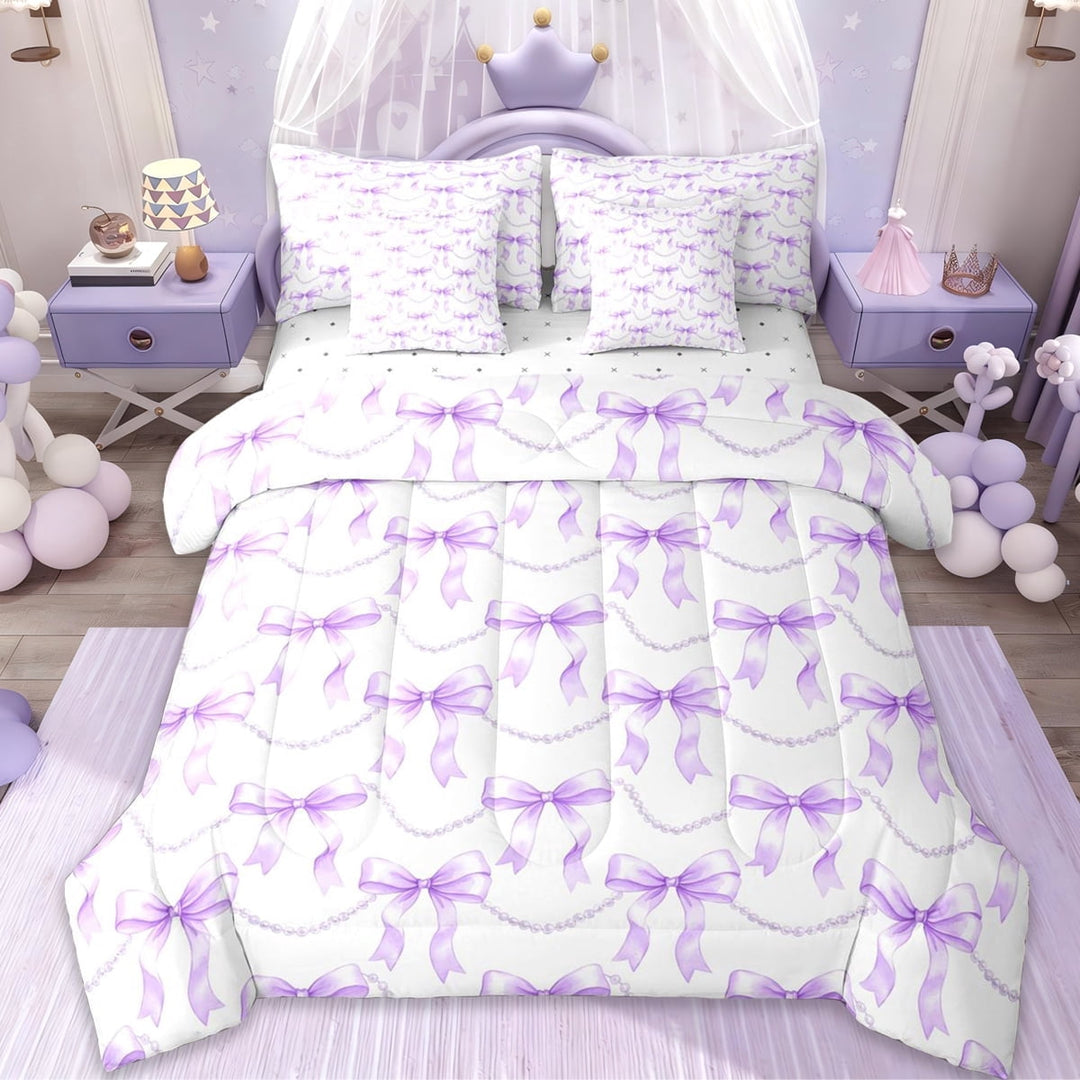 Erosebridal Cute Coquette Bowknot 7-Piece Twin Bedding Sets,Purple Kawaii Bowtie Bedding Comforter Set For Bow Lovers,Reversible