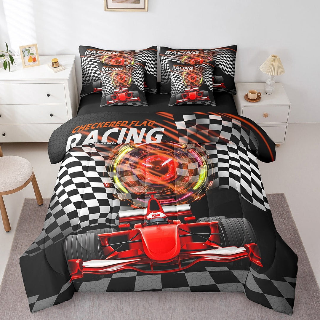 Erosebridal Sport Car Bedding Sets Twin Size,Buffalo Plaid Comforter Sets with Sheets,Extreme Sport Bed in a Bag Twin size,Microfiber Car Room Decorative,Reversible,7pcs