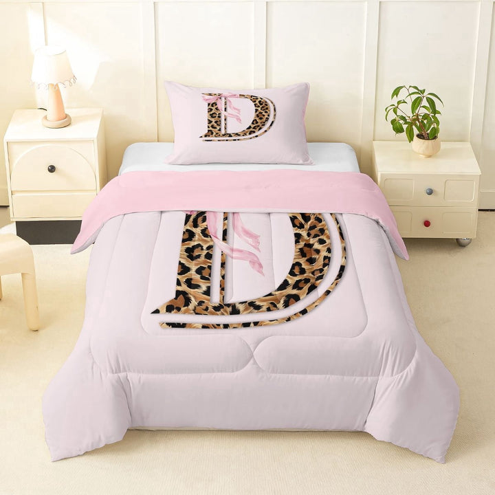 Erosebridal Monogrammed D Twin Comforter Sets for Kids, Pink Cheetah Print Bedding Set, 2-Piece