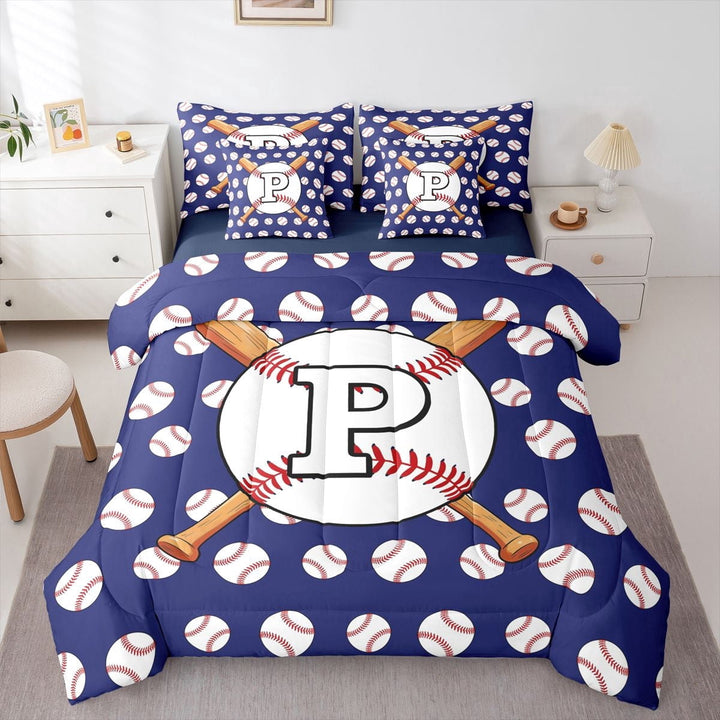 Erosebridal Teens Baseball Gaming Letter P Monogrammed Twin Bedding Sets 7-Piece,Girls Boys Sport Gamer Bedding Comforter Set,Navy Blue Reversible,Breathable Home Decor