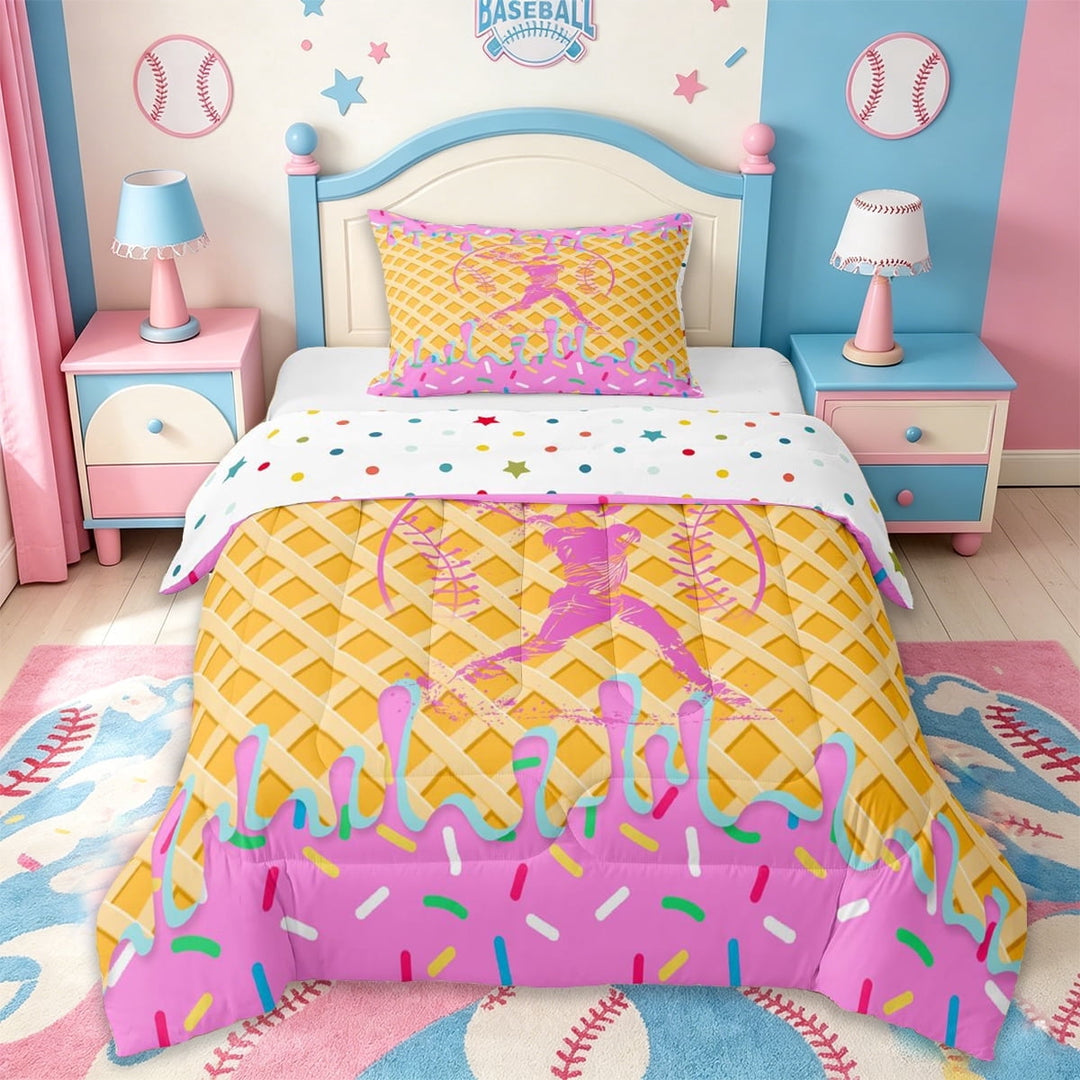 Erosebridal Pink Ice Cream Drip Twin Comforter Sets For Kids,Baseball Gamer Girls Bedding Set,Reversible,2pcs