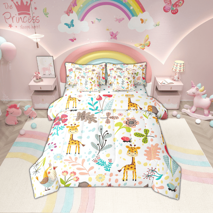 Erosebridal Cute Giraffe Bed In A Bag With Sheets Cartoon Giraffe Comforter Set 7 Piece Twin Kawaii Floral Zoo Animal Bedding Set Woodland Leaves Wildlife Sheet Set