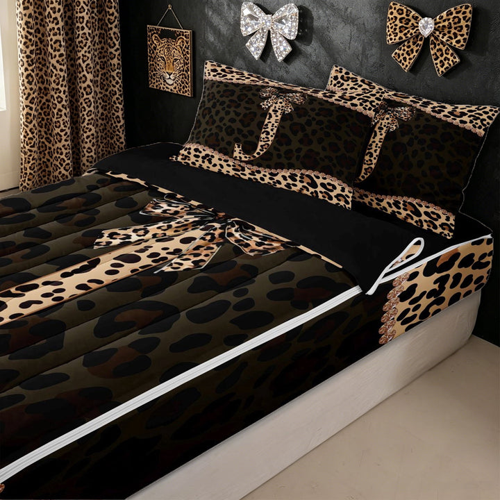 meiyoeat Bowknot Letter J Zipper Twin Comforter Sets with Fitted Sheet and 2 Pillowcases for Kids Girls, Cheetah Print Diamond Zipper Bedding Set, Brown Black, Black Reversible, 4-Piece