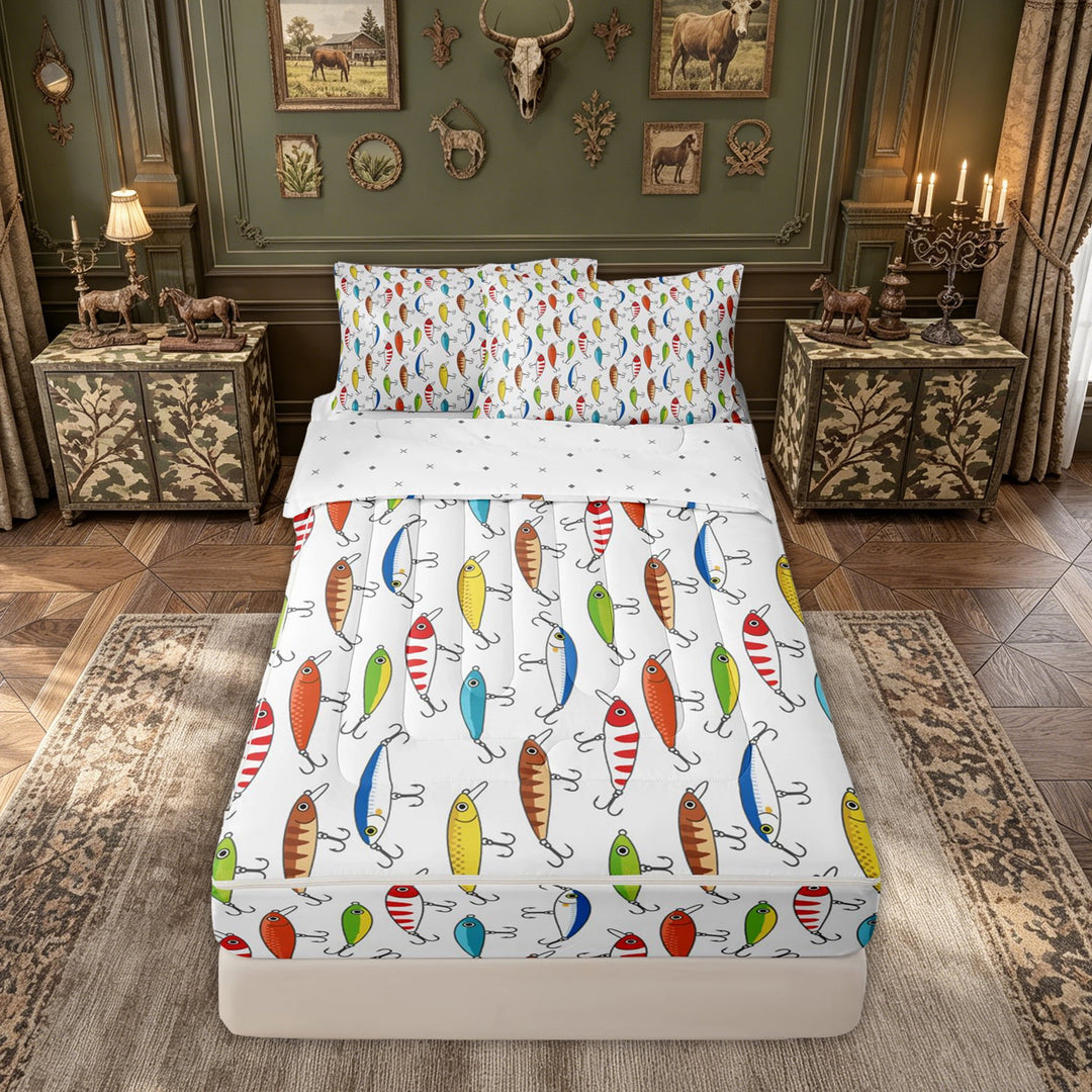 meiyoeat Fishing Pike Fish Zipper Comforter Set with Fitted Sheet and 2 Pillowcases for Boys Girls, Outdoor Adventure Zipper Bedding Set, White Blue, Reversible, 3pcs