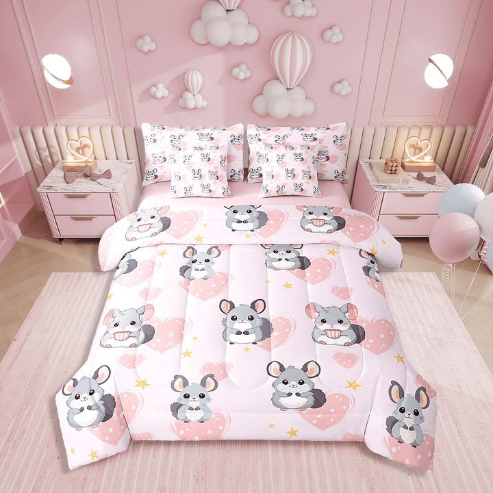 Twin Comforter Set,7 Pieces Cartoon Rats Bedding Sets Twin Bed in a Bag with Reversible Cute Moose Bed Set,Animal Comforter,Sheets,Pillowcases and Shams