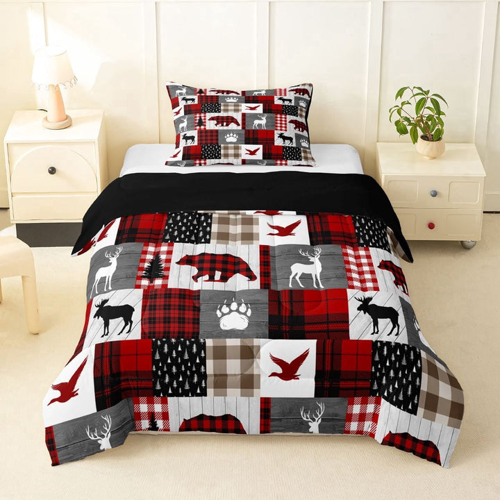 Erosebridal Boys Jungle Animal Bears Deers Mallard Duck Twin Comforter Sets 3-Piece,Geometric Plaid Bedding Set For Teens,Black Red,Black Reversible