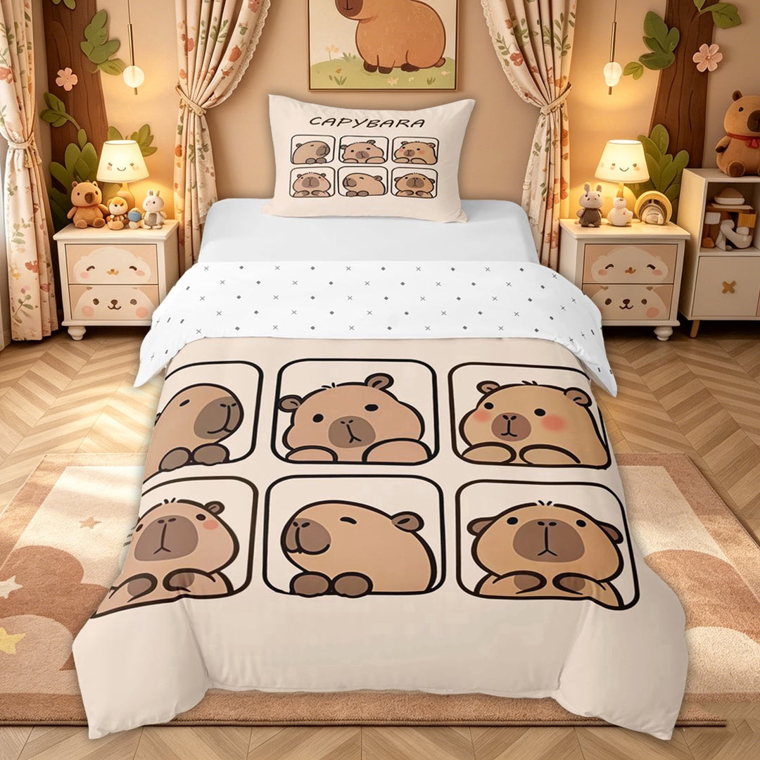 meiyoeat Cute Capybara Animal Bedding for Kids Girls, Kawaii Cartoon Style Duvet Cover Full, Beige, Reversible, 3-Piece
