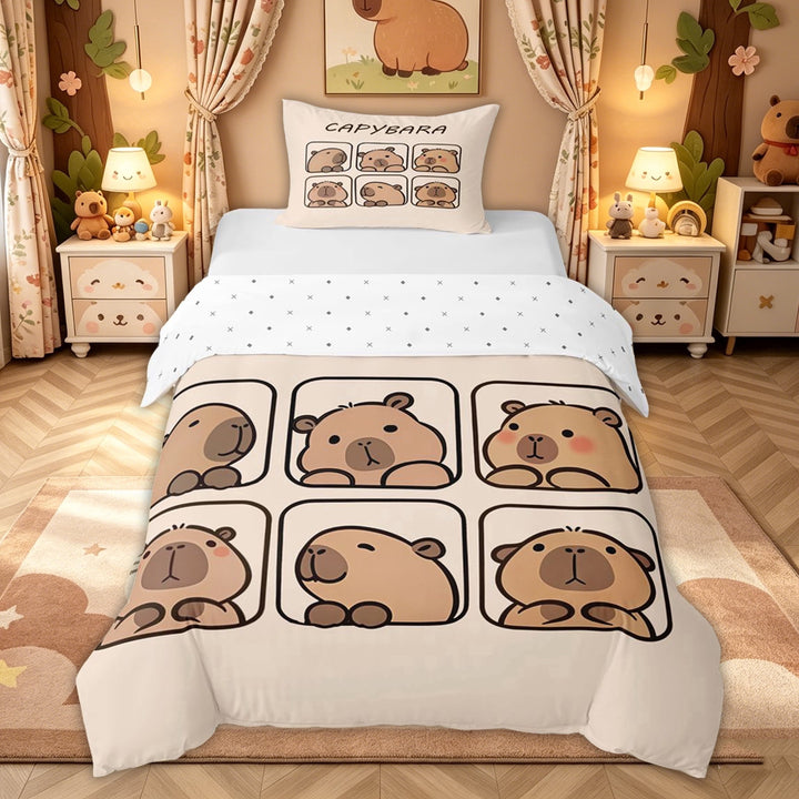 meiyoeat Cute Capybara Animal Bedding for Kids Girls, Kawaii Cartoon Style Duvet Cover Full, Beige, Reversible, 3-Piece
