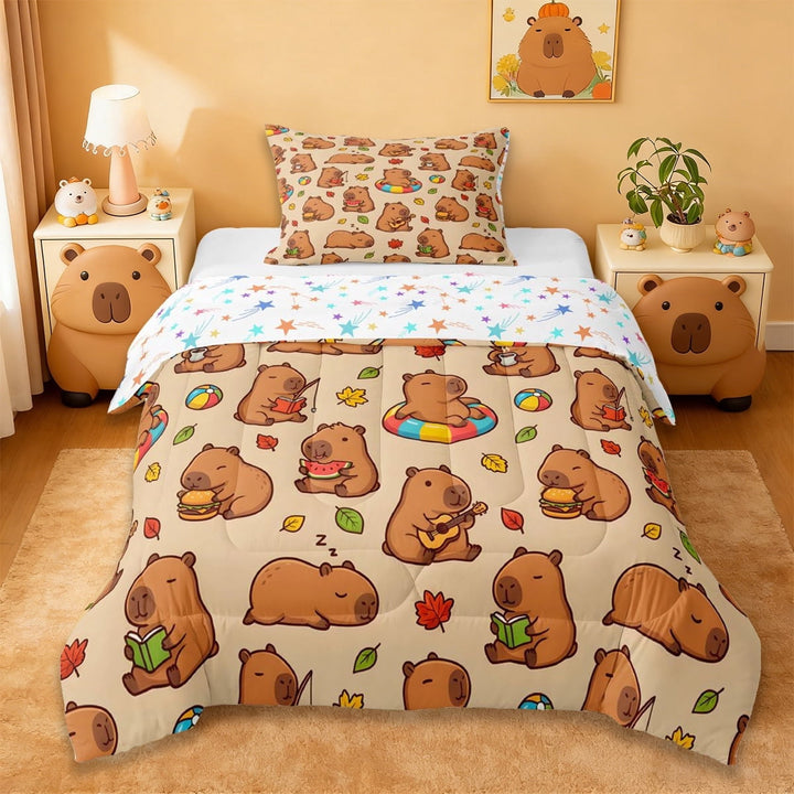 Erosebridal Brown Capybara Twin Comforter Sets,Colorful Fall Leaves Bedding Set For Girls Kids Reversible 2 Pieces