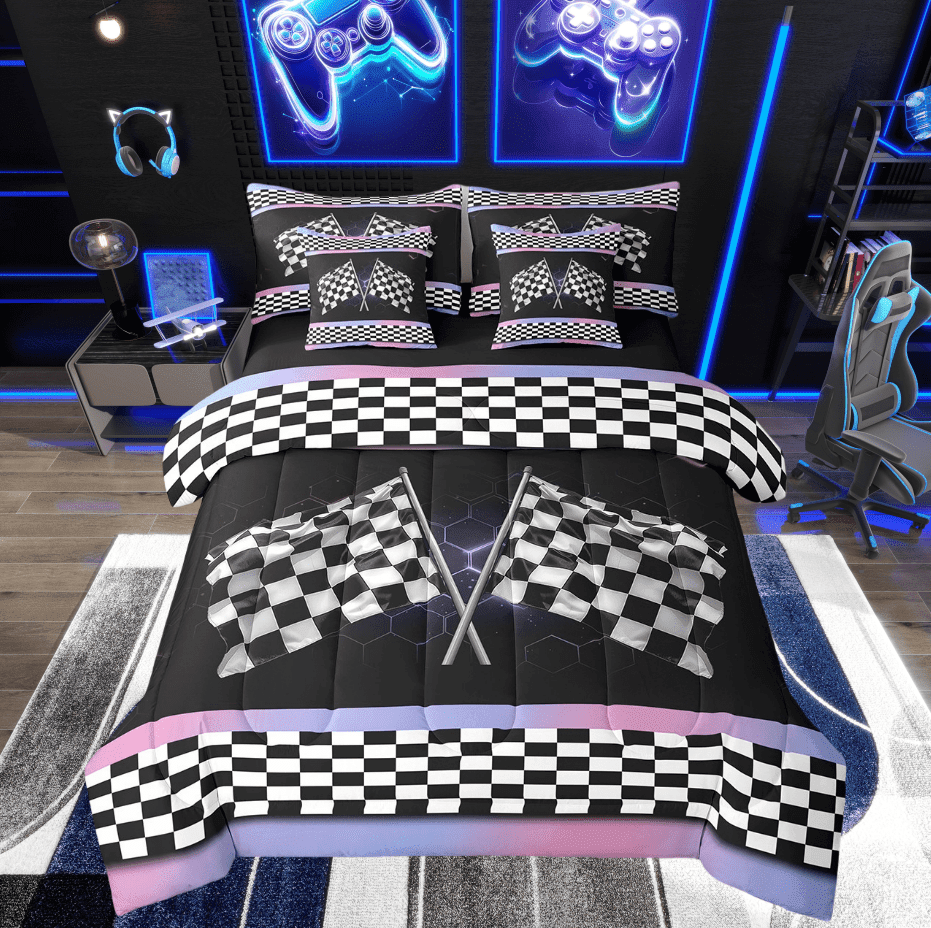 Erosebridal Checkered Flag Bedding Sets Twin Size, Racing Car Comforter Sets with Sheets, Geometric Decor, Reversible 7pcs