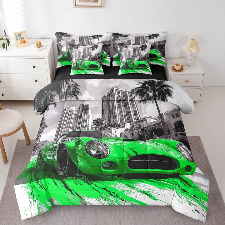 Erosebridal Futuristic Race Car Bed in a Bag Twin size, Green Bed Set, Extreme Sports Decor, Reversible 7 Pieces