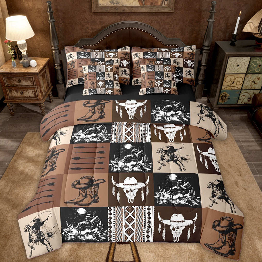 Erosebridal Brown Cowboy Cowgirl Twin Bedding Sets, Rustic Cabin Bedding Comforter Set, Black Reversible, 7-Piece