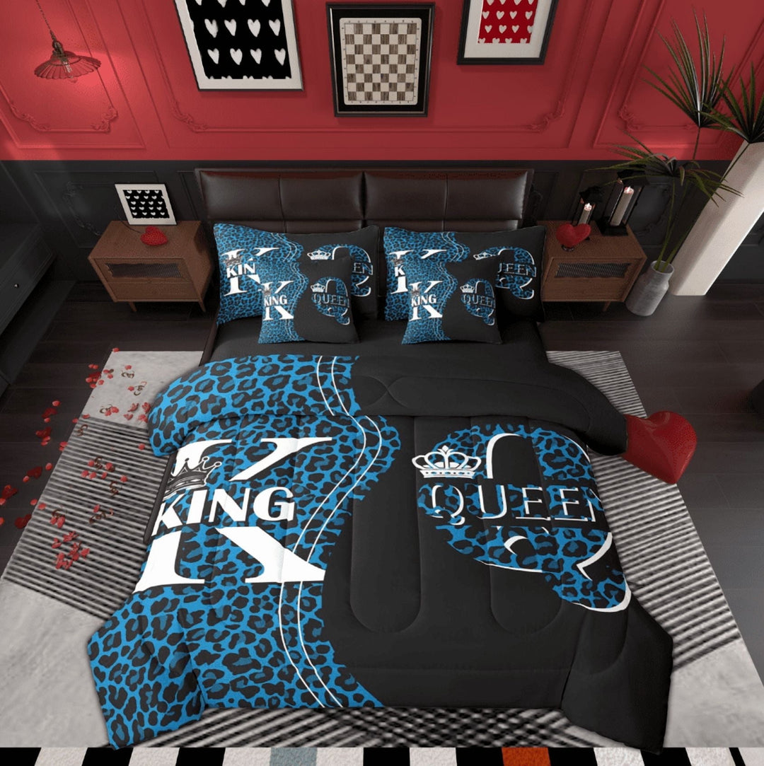Feelyou Cheetah Leopard Print Bedding Comforter Set 7pcs, Couple Romantic Crown King Bedding Sets, Black Blue Reversible Bed Sheets, Luxury Bedroom Decor