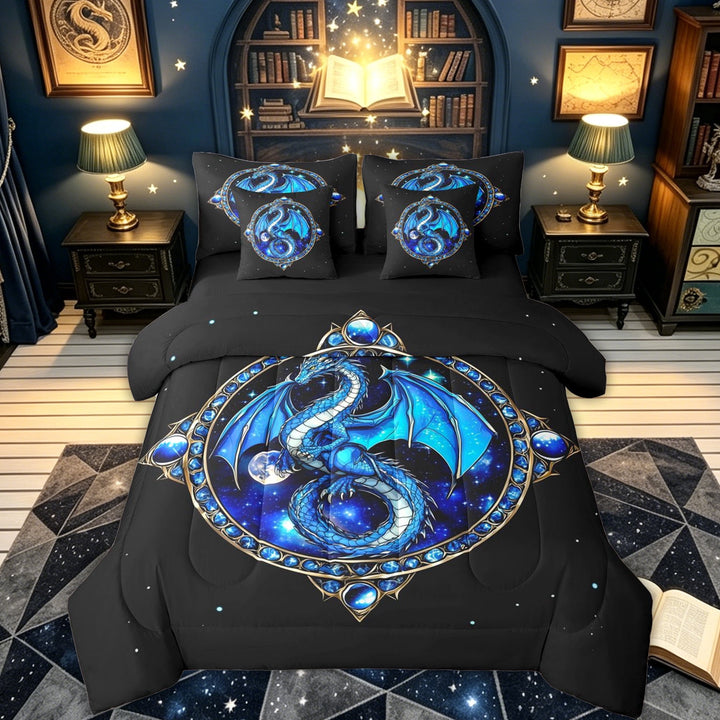 meiyoeat Gemstones Dragon Full Size Bedding Sets for Kids Boys Girls, Mystic Sky Animal Full Size Bed in a Bag, Blue Black, Black Reversible, 7 Pieces