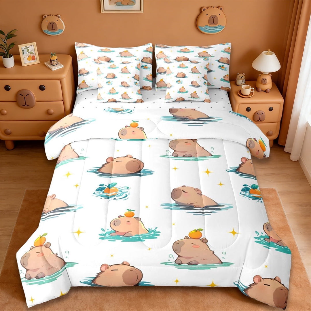 Erosebridal Cartoon Animal Capybara 7-Piece Twin Bedding Sets,Cute Animals Bedding Comforter Set For Kids Boys Reversible