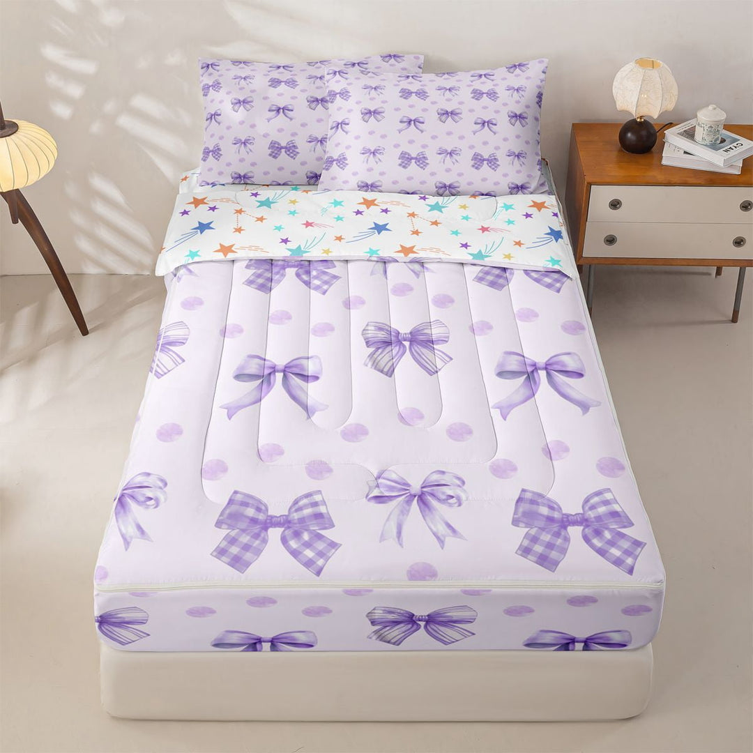 meiyoeat Watercolor Princess Bow Zipper Twin Comforter Sets with Fitted Sheet and 2 Pillowcases for Kids Girls, Purple Plaid Polka Dot Zipper Bedding Set, Colorful Star ReversibleG