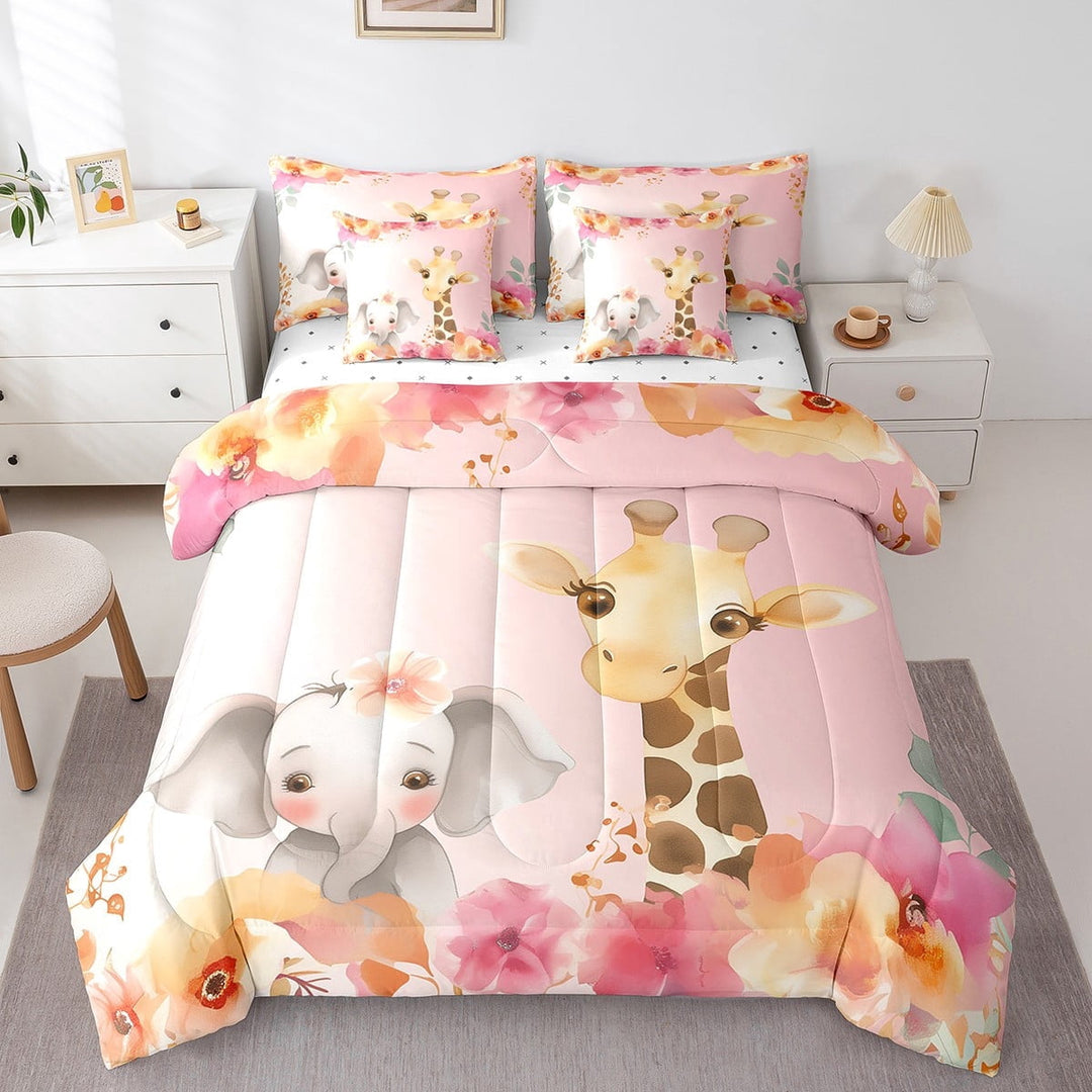 Kawaii Full Size Comforter Set 7 Piece Cartoon Elephant Giraffe Animal Bedding Comforter Set,Watercolor Flowers Bohemian Floral Bed in a Bag with Comforter,Flat Sheet,Fitted Sheet,Pillowcases