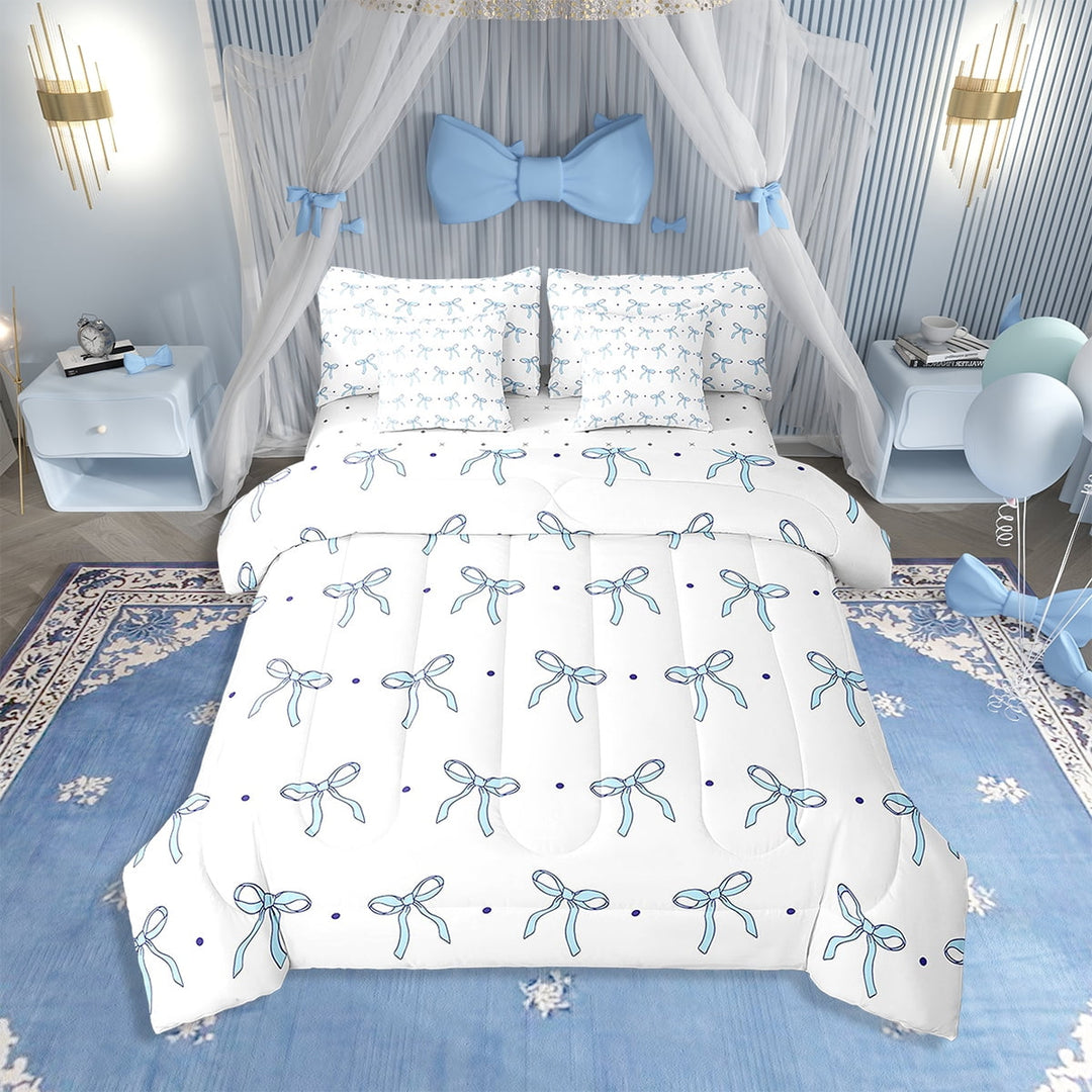 Erosebridal Blue Bowknot Comforter Set with Sheets Bow Tie 7 Piece Bedding Set Twin Size Cute Dots Print Bed in a Bag Soft Princess Style Bedding Comforters
