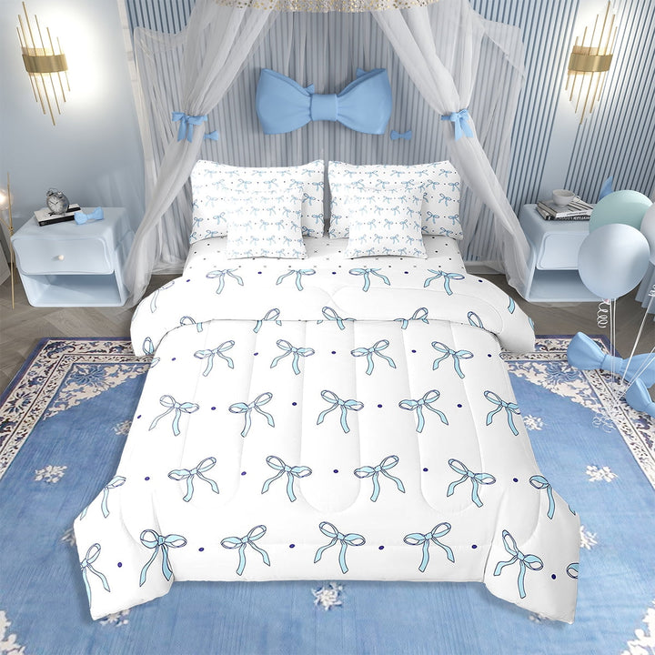 Erosebridal Blue Bowknot Comforter Set with Sheets Bow Tie 7 Piece Bedding Set Twin Size Cute Dots Print Bed in a Bag Soft Princess Style Bedding Comforters