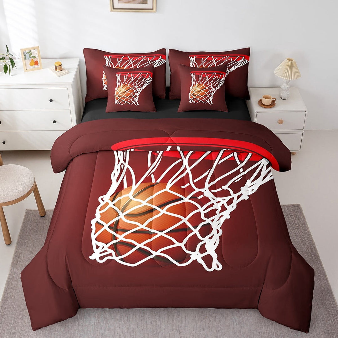 Erosebridal 3D Basketball Bed in a Bag Full size, Red Orange Bed Set, Modern Ball Game Decor, Reversible 7pcs