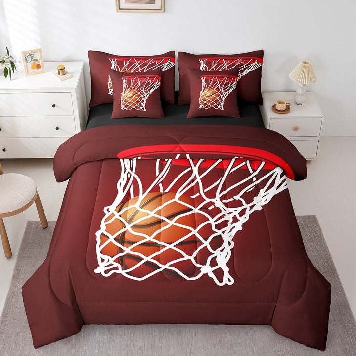 Erosebridal 3D Basketball Bed in a Bag Full size, Red Orange Bed Set, Modern Ball Game Decor, Reversible 7pcs