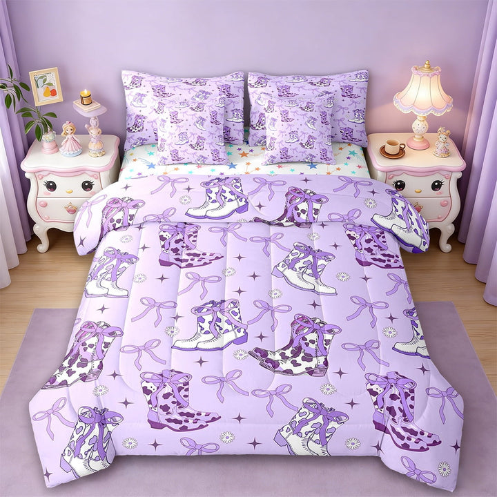 Erosebridal Purple Cowgirl Boots Bedding Twin Size,Bow Bowknot Comforter Sets with Sheets,Vintage Farm Style Bedding Sets Twin Size,Microfiber Bedroom Decor Reversible,7pcs
