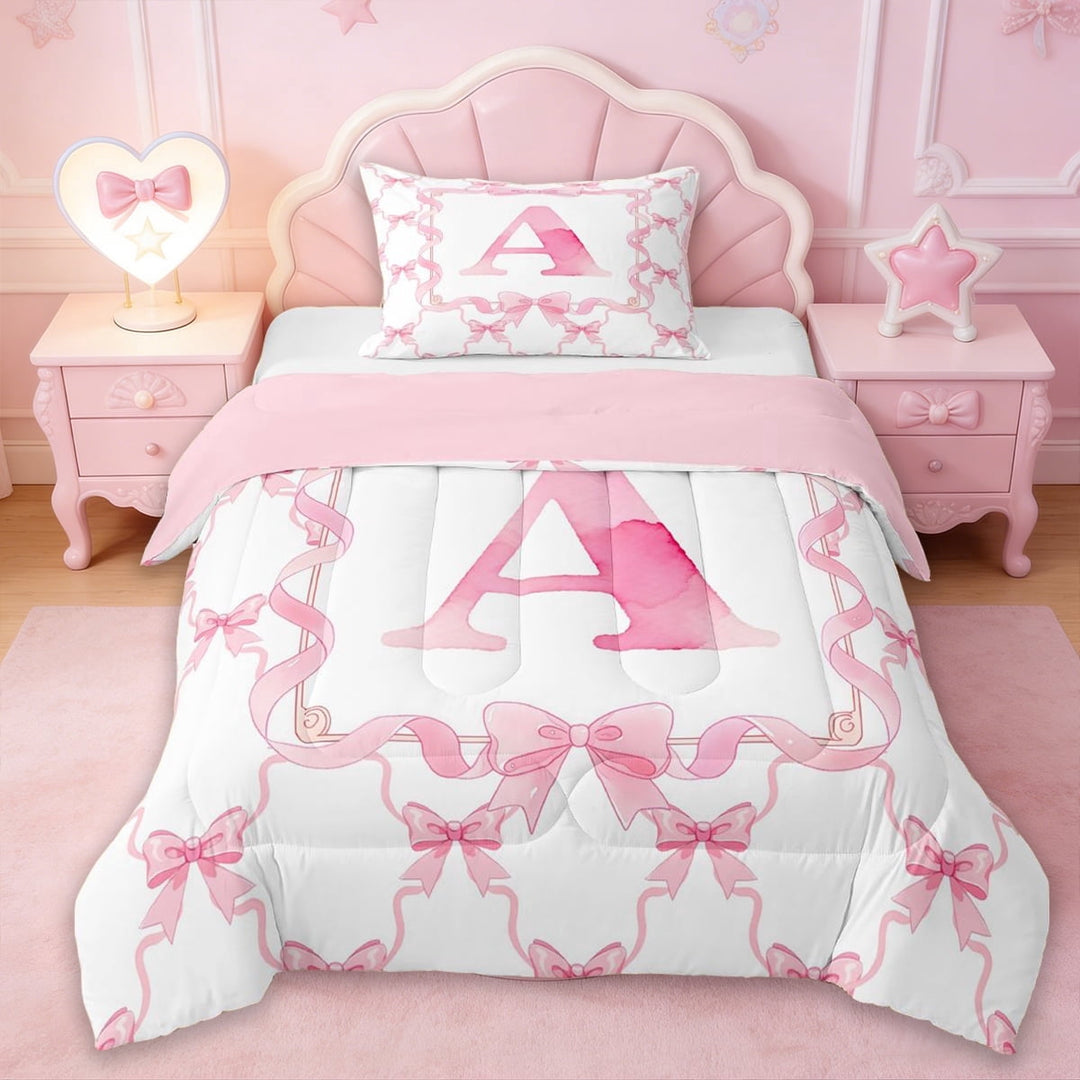Erosebridal Cute Coquette Bowknot Twin Comforter Sets,Girls Pink A Alphabet Letter Bedding Set For Kids,Reversible pink,2-Piece