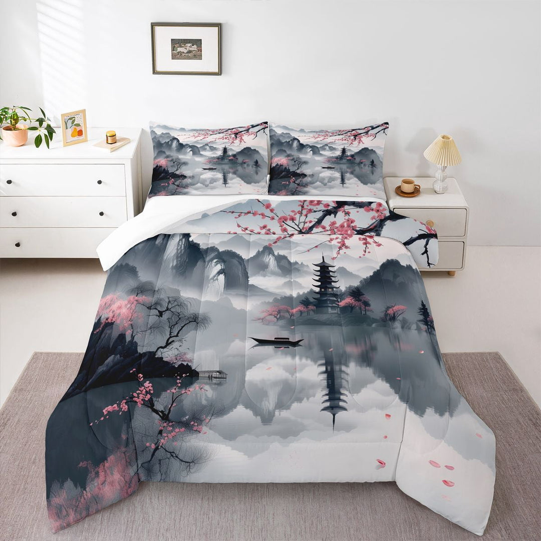 Manfei Chic Flowers Sakura Bedding Comforter Set 2pcs for Teens Adults,Cherry Blossoms Twin Comforter Sets Microfiber,Japanese Style Breathable Bedding Set,Super Cozy Room Decor