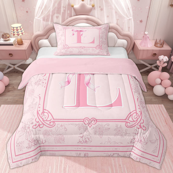 Erosebridal Kids Pink Initial L Twin Comforter Sets, Princess Bowknot Letter Bedding Set, 2-Piece