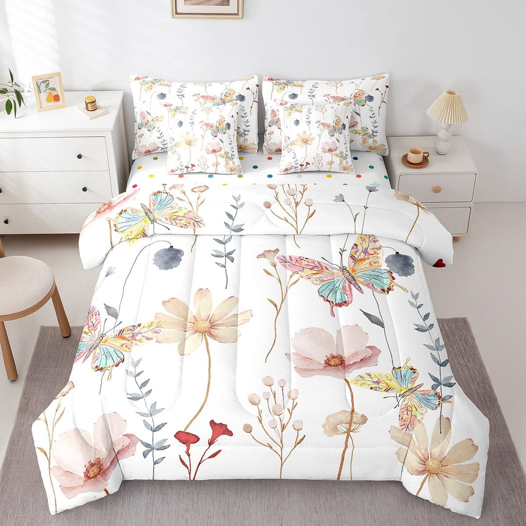 Watercolor Floral Butterfly 7 Piece Comforter Set Twin Size, Coral Beige Flower Bedding Set For Teens Adult Women Bedroom Decor, Rustic Farmhouse Bed In A Bag Pastoral Branches Aesthetic Sheet Set