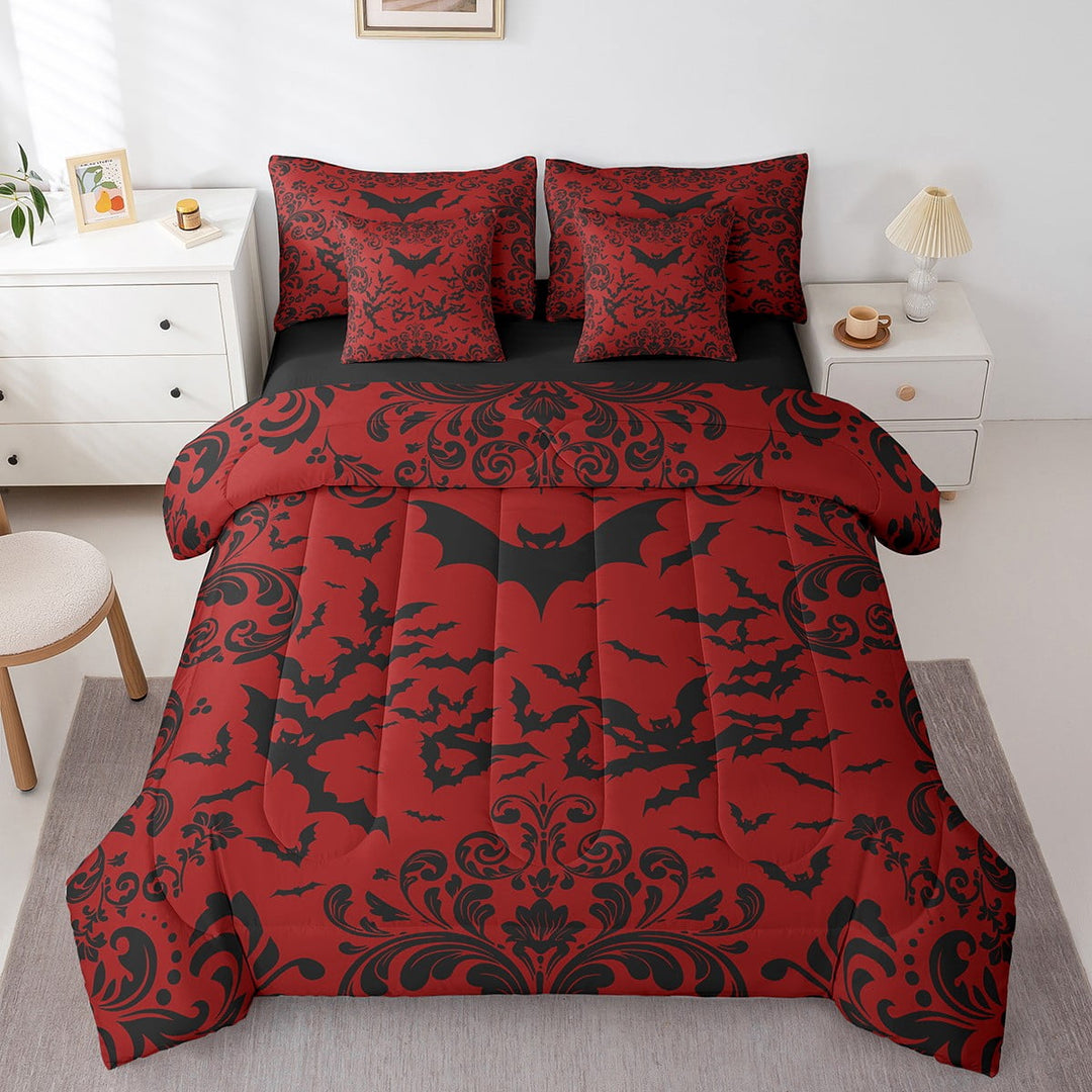Halloween Bat Bedding Set Queen Size,Red Black Gothic Comforter Set 7 Piece For Teen Men Room Decor Goth Damask Bats Bed In A Bag With Sheets Halloween Animal Bed Set