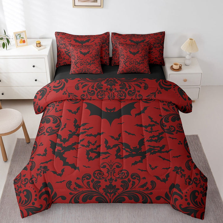Halloween Bat Bedding Set Queen Size,Red Black Gothic Comforter Set 7 Piece For Teen Men Room Decor Goth Damask Bats Bed In A Bag With Sheets Halloween Animal Bed Set