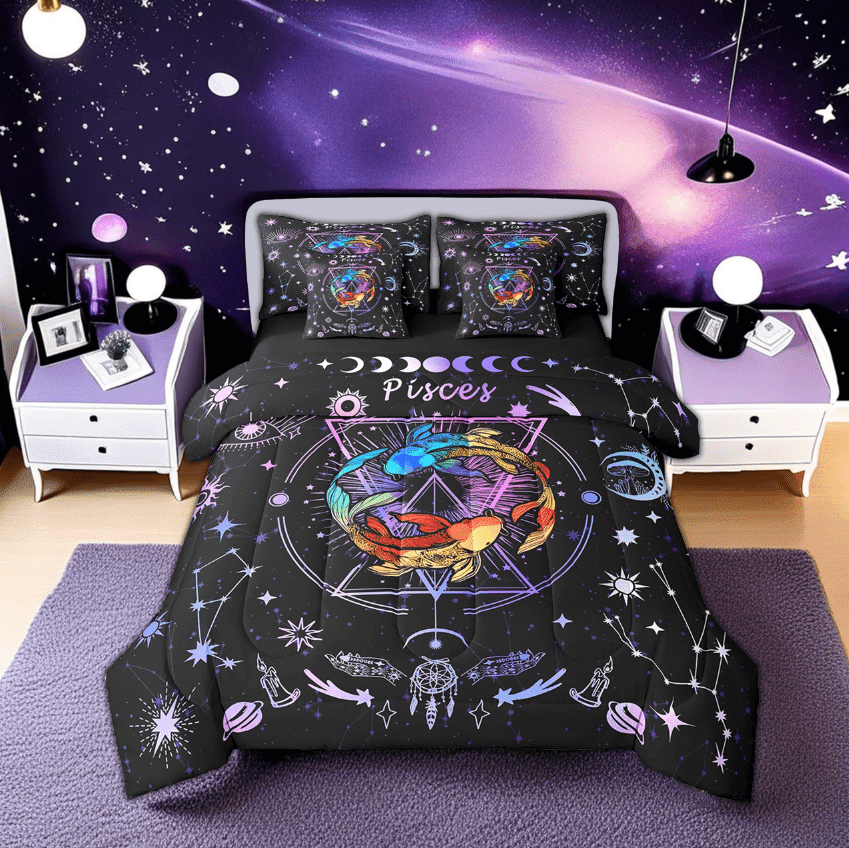 Erosebridal Pisces Gifts Bedding Twin Size, Twelve Constellations Comforter Sets with Sheets, Astrology Horoscope Bedroom Decor, Reversible 7pcs