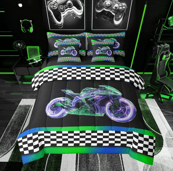 Erosebridal Neon Motorcycle Bedding Sets Twin Size, Honeycomb Geometry Comforter Sets with Sheets, Extreme Sports Decor, Reversible