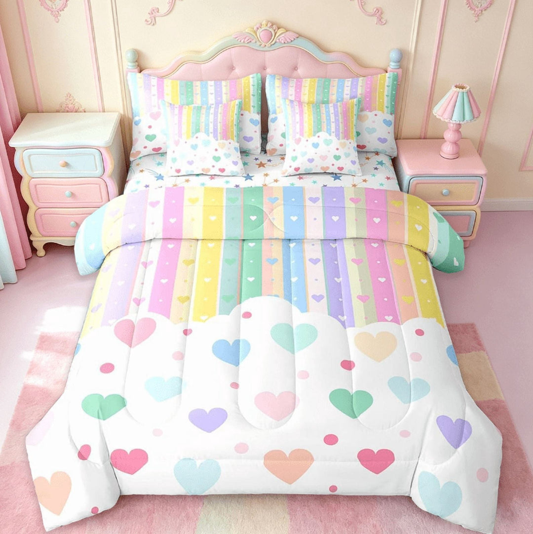 Manfei Pretty Rainbow 7 Pieces Bedding Comforter Set For Kids Girls,Colorful Love Heart Full Bedding Set Reversible