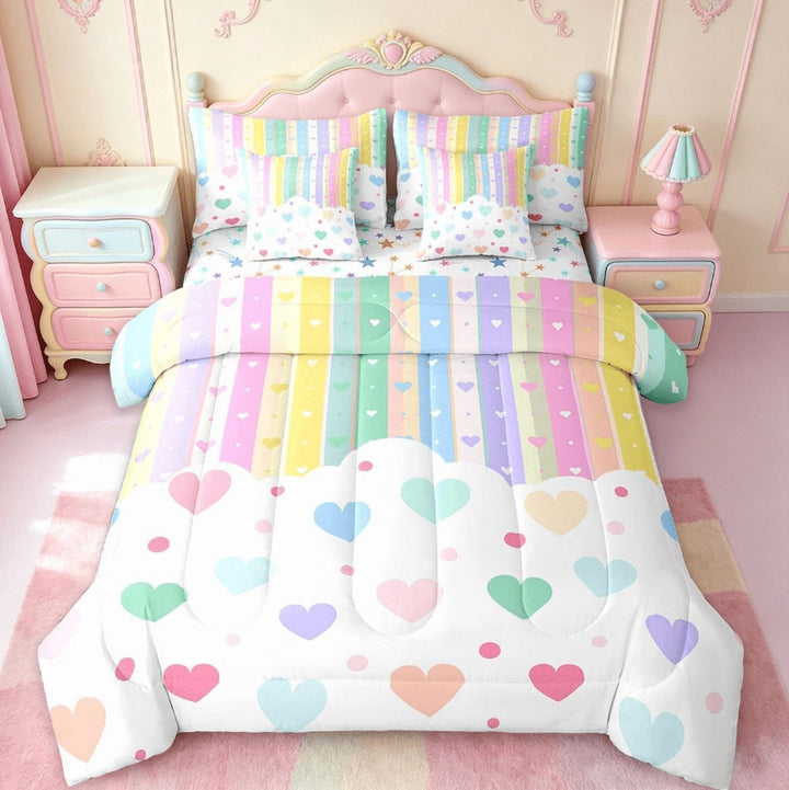 Manfei Pretty Rainbow 7 Pieces Bedding Comforter Set For Kids Girls,Colorful Love Heart Full Bedding Set Reversible