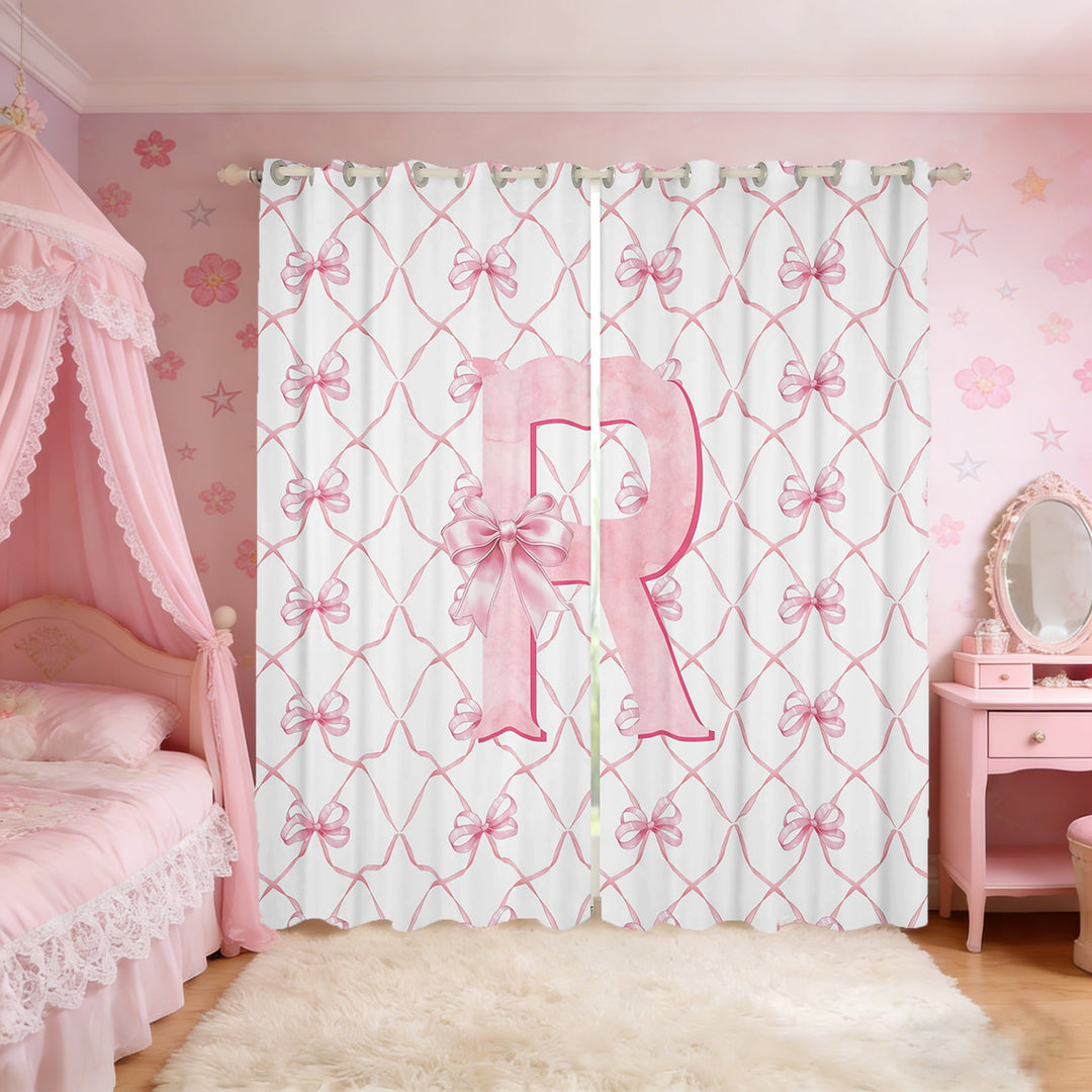 Manfei Initial Letter R Curtains for Living Room,Cute Bowtie Blackout Curtains Set of 2 (38x45),Pink White Curtains and Drapes (38x45) For Girls,Breathable Bedroom Decoration