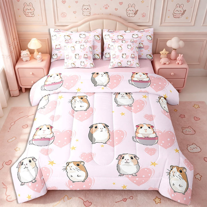 Erosebridal 7 Pieces Cartoon Guinea Pig Bedding Comforter Set,Cute Animal Full Bedding Set for Kids,Pink Love Heart Bedding Set