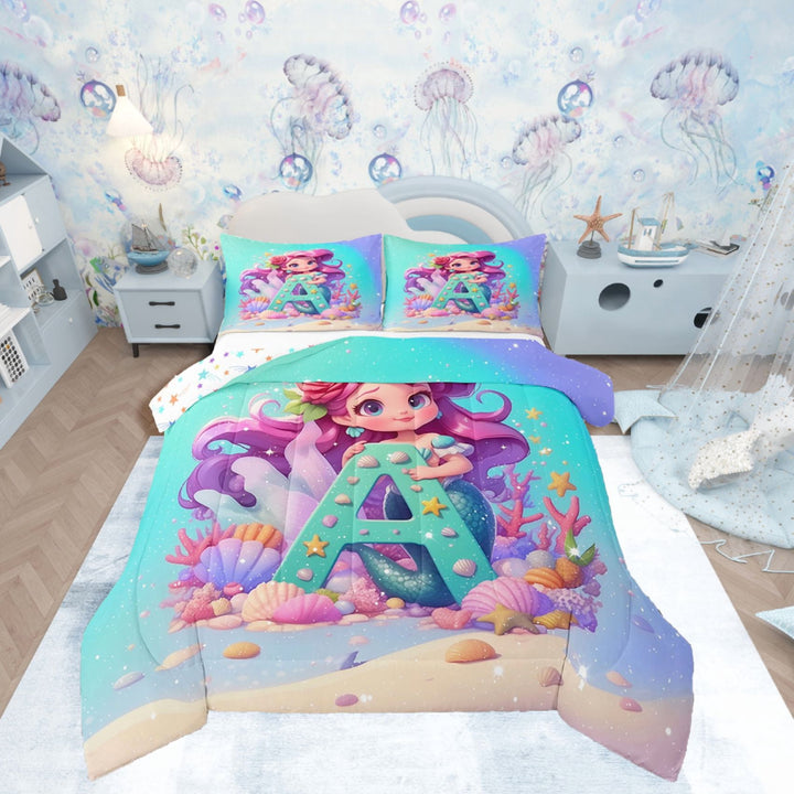 Mermaid Comforter Set Twin Size Ocean Themed Bedding Sets Mermaid Princess Room Decor Bedding Comforter Sets Kawaii Mermaid Print Down Comforter Sea Animal Duvet Insert
