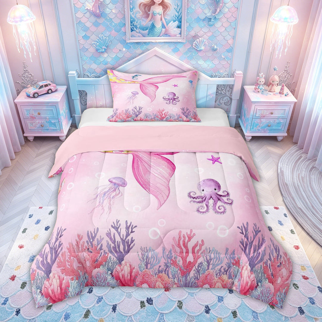 meiyoeat Watercolor Pink Mermaid Tail Ocean Full Size Comforter Sets for Girls, Jellyfish Coral Fairy Marine Bedding Comforter Set, Pink, Pink Reversible, 3 Pieces, 1 Comforter and 2 Pillowcases