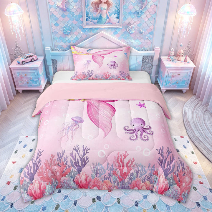 meiyoeat Watercolor Pink Mermaid Tail Ocean Full Size Comforter Sets for Girls, Jellyfish Coral Fairy Marine Bedding Comforter Set, Pink, Pink Reversible, 3 Pieces, 1 Comforter and 2 Pillowcases