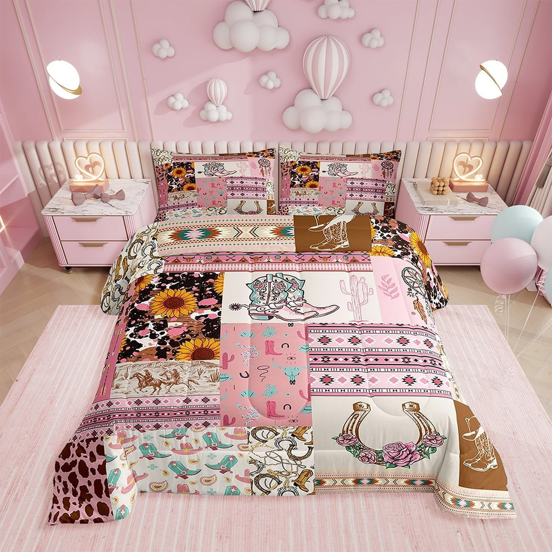 Erosebridal Western Cowgirl Comforter Set Southwestern Hat Printed Full Size Bedding Women , Cactus Boho Paisley Print Bed Comforter Set Brown Lattice Duvet Insert Pink Room Decor