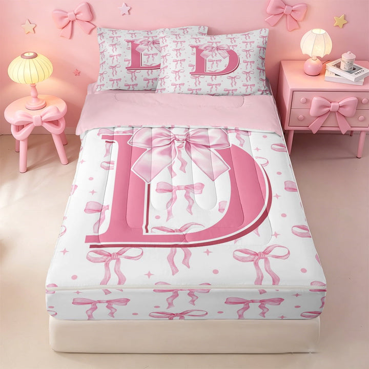 meiyoeat Pink Princess Bow Zipper Full Size Comforter Sets with Fitted Sheet and 2 Pillowcases For Girls,Bowknot Initial Print D Alphabet Zipper Bedding Set For Kids,pink Reversible,4 Pieces