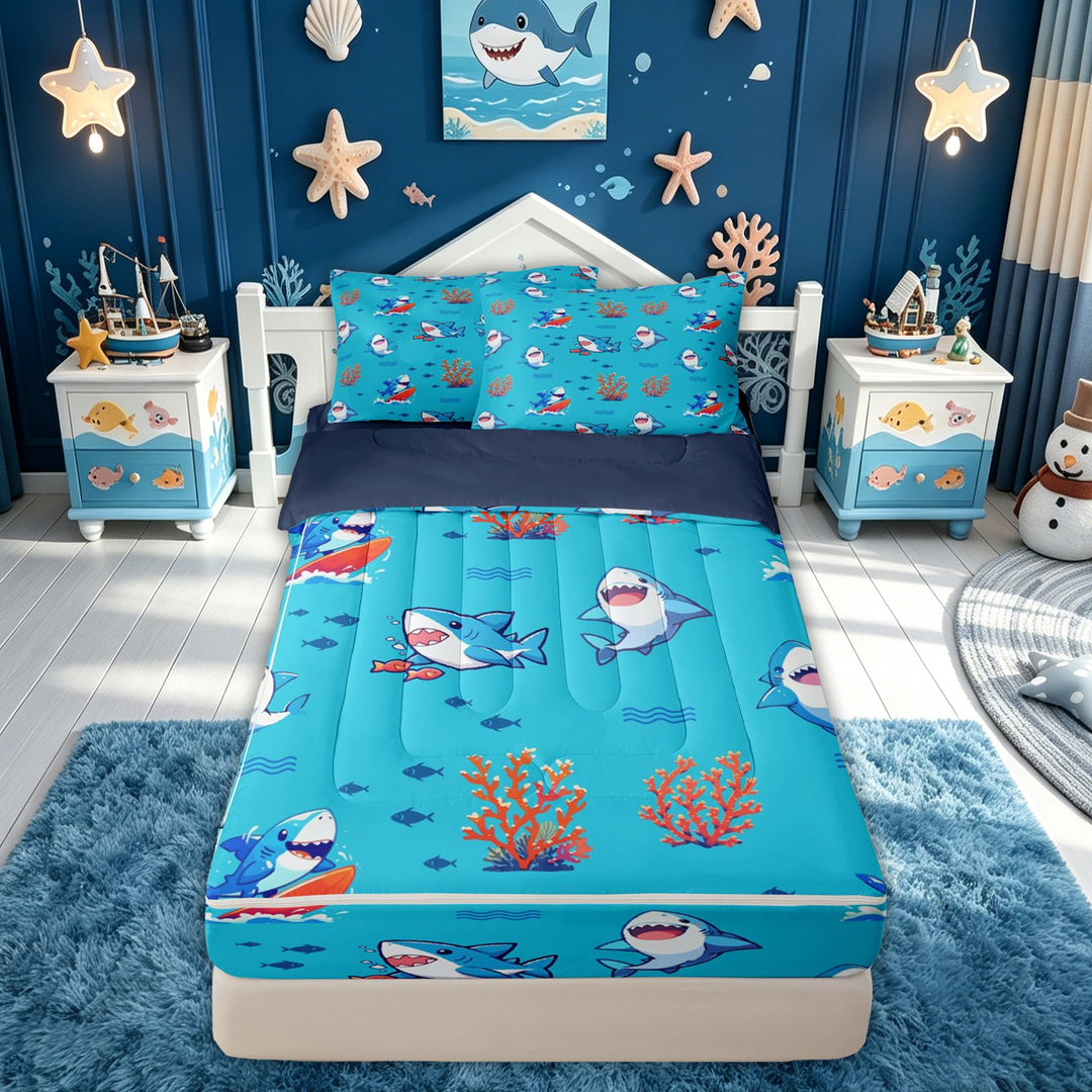 meiyoeat Kawaii Surfing Cartoon Shark Zipper Comforter Set with Fitted Sheet and 2 Pillowcases for Boys Girls, Summer Beach Marine Wildlife Zipper Bedding Set, Blue, Blue Reversible, 3-Piece