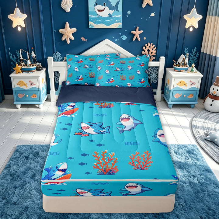 meiyoeat Kawaii Surfing Cartoon Shark Zipper Comforter Set with Fitted Sheet and 2 Pillowcases for Boys Girls, Summer Beach Marine Wildlife Zipper Bedding Set, Blue, Blue Reversible, 3-Piece