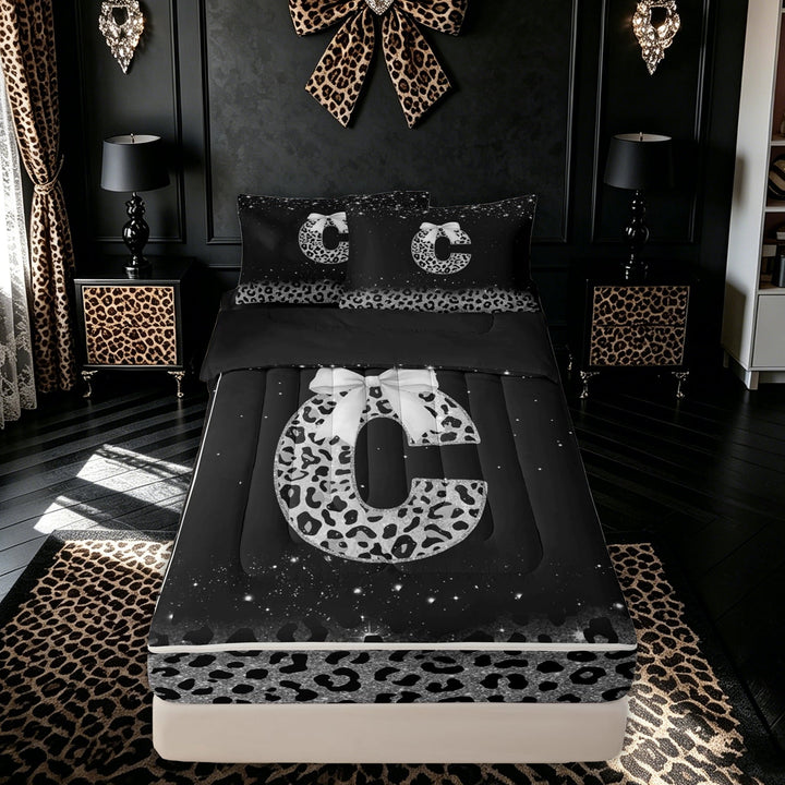 meiyoeat Leopard Print Bow C Initial Zipper Comforter Set with Fitted Sheet and 2 Pillowcases for Women, Sparkly Glitter Monogram Zipper Bedding Set, Black Silver, Black Reversible, 3-Piece