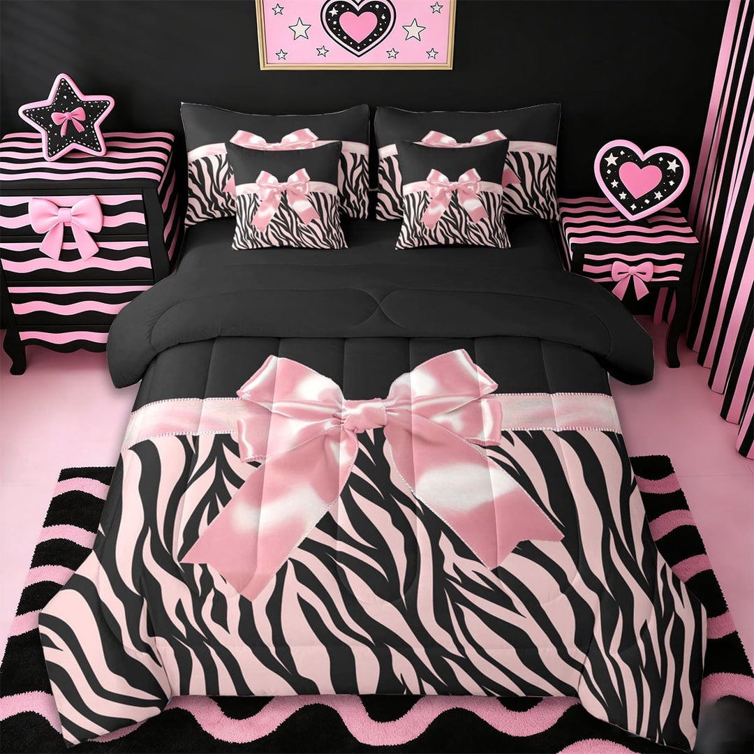 Erosebridal Pink Bowknot Kids 7-Piece Twin Bedding Sets,Chic Zebra Stripe Print Bedding Comforter Set For Girls,Reversible black