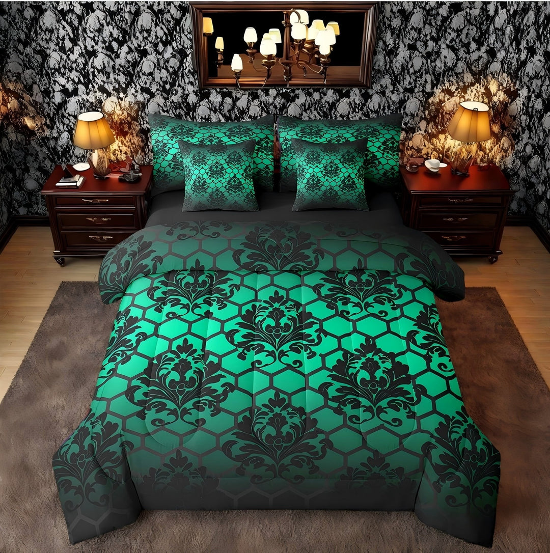 Erosebridal Vintage Boho Damask Bed in a Bag Twin size, Green Bed Set, Hippie Mandala Decor, Reversible 7pcs